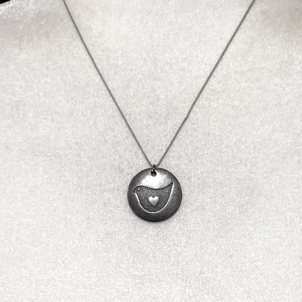 Vintage Hallmark HMK Pewter Style Bird & Heart Disc Pendant Necklace